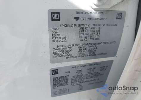 2021 Chevrolet Silverado 1500 4Wd Short Bed Lt из США, поврежденный, VIN 1GCUYDED3MZ347112